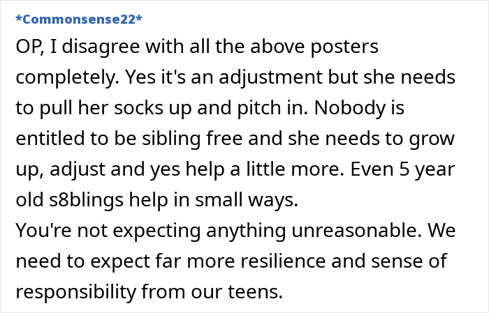 Text conversation discussing a 14-year-old’s need to grow up and help after a new baby. Text conversation discussing a 14-year-old’s need to grow up and help after a new baby.