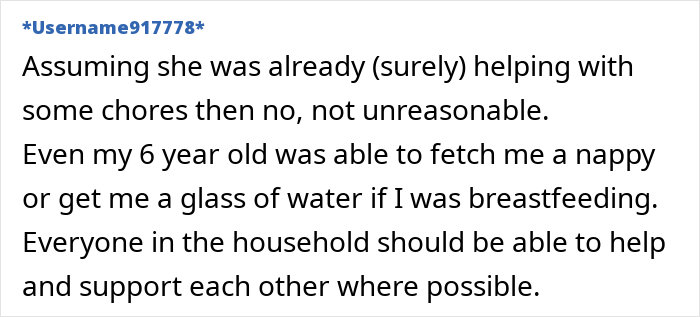 Comment discussing household help and responsibilities for children, mentioning a 6-year-old assisting a breastfeeding mom. Comment discussing household help and responsibilities for children, mentioning a 6-year-old assisting a breastfeeding mom.