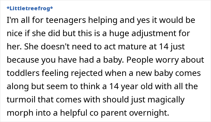 Text discussing a 14-year-old adjusting to life after a new baby, highlighting the pressure to mature quickly. Text discussing a 14-year-old adjusting to life after a new baby, highlighting the pressure to mature quickly.