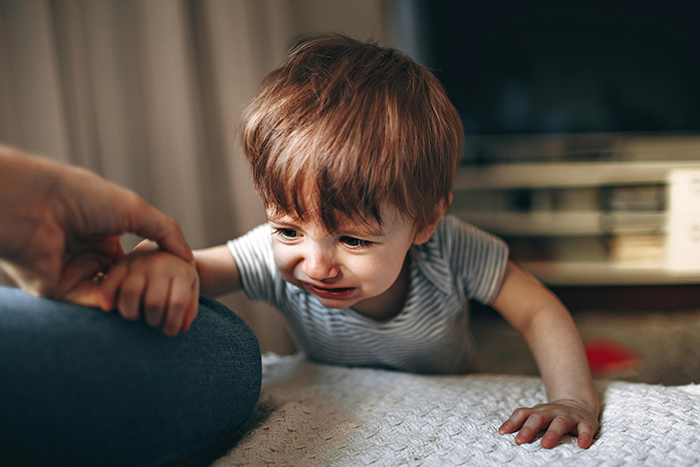 Toddler crying at home, gripping parent's hand. Toddler crying at home, gripping parent's hand.