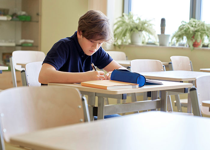 Young student in a classroom, focused on writing notes during a lesson.