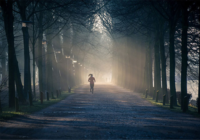 Person running down a foggy forest path, highlighting intuition and awareness in nature.