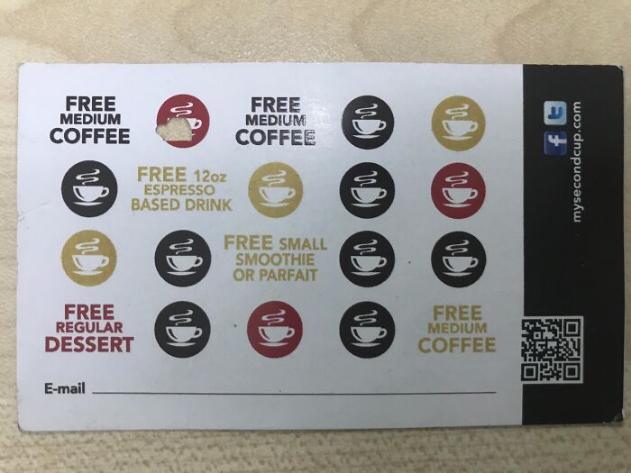 Punch card with sentimental value showing offers for free drinks and desserts.