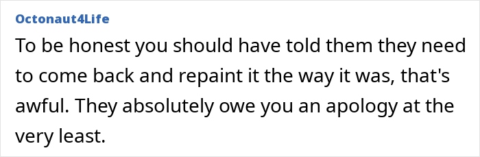 Text comment expressing disappointment about lounge redecoration, suggesting repainting and an apology. Text comment expressing disappointment about lounge redecoration, suggesting repainting and an apology.