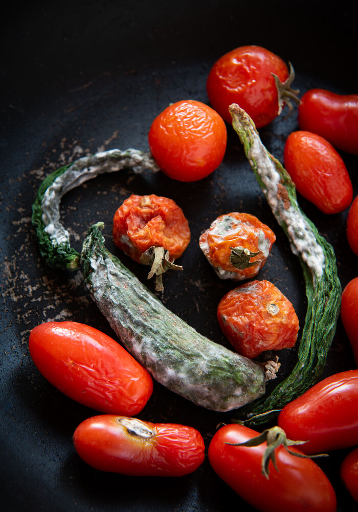 Moldy vegetables, including cucumbers and tomatoes, representing worst Valentine's Day gifts.