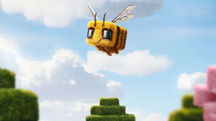 A pixelated bee from "A Minecraft Movie" flying in a sky, evoking themes from anticipated movies of 2025.