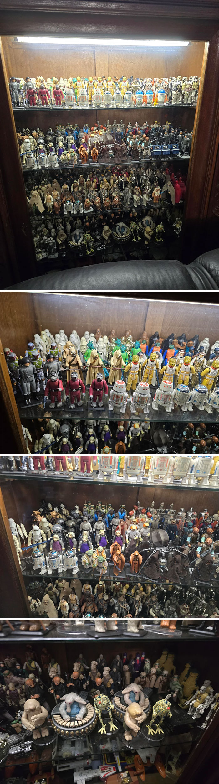 Display case filled with vintage toys, including various collectible figures, showcasing nostalgic childhood memories.