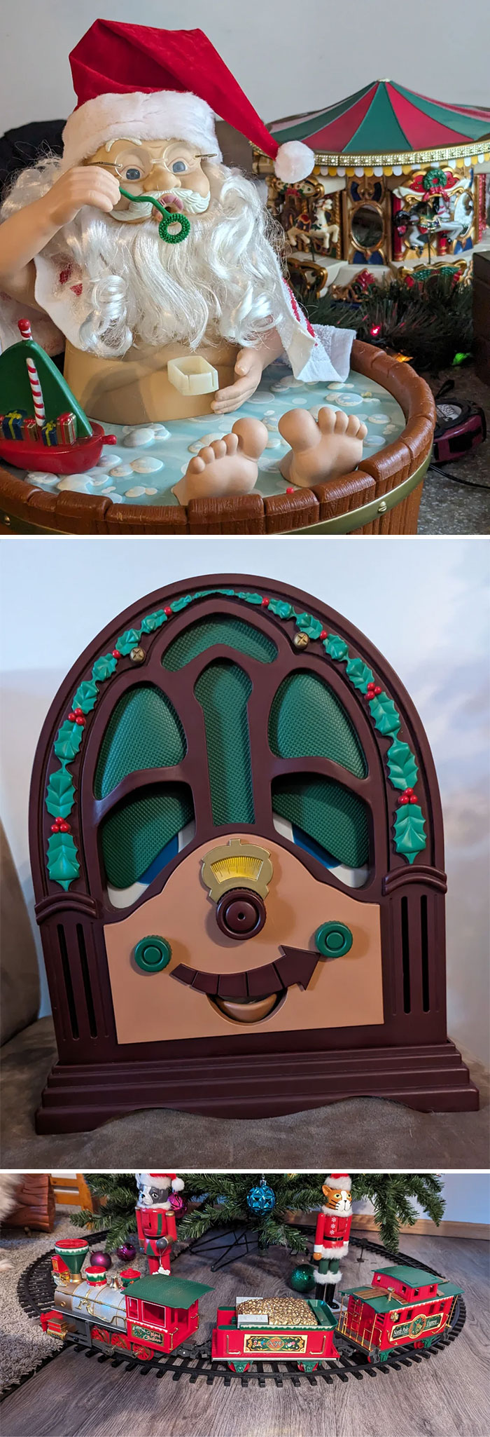 Vintage toys including Santa in a hot tub, a retro-style radio, and a holiday train set under a Christmas tree.