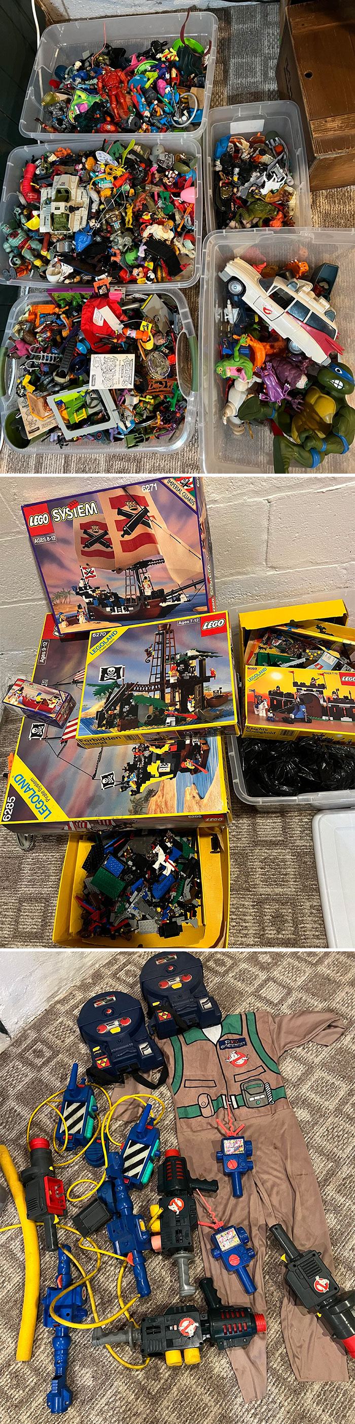 Vintage toys collection including action figures, LEGO sets, and Ghostbusters gear, evoking childhood nostalgia.