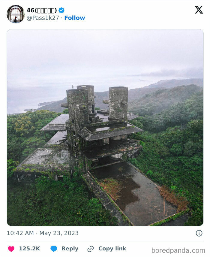 Nature reclaiming an abandoned concrete structure surrounded by lush greenery.