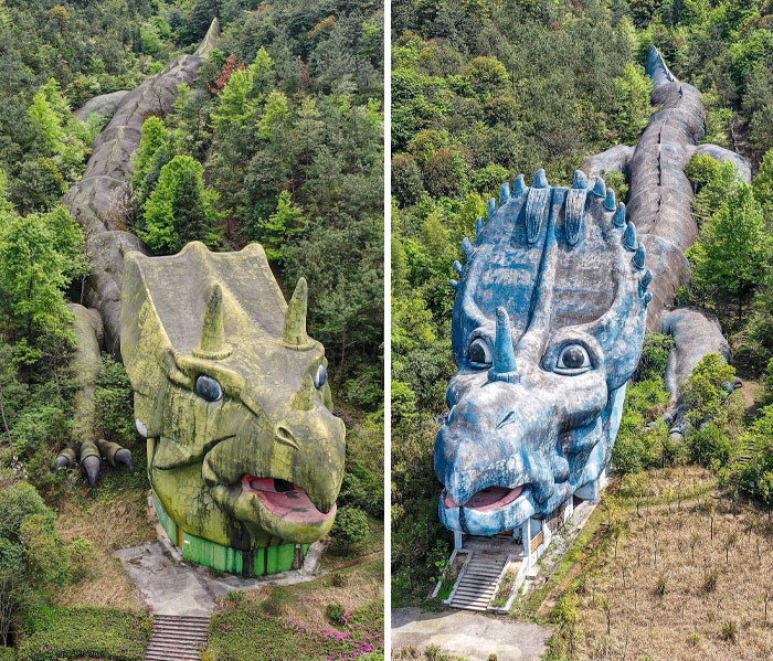 Giant dinosaur sculptures surrounded by lush forest, depicting nature reclaiming civilization.