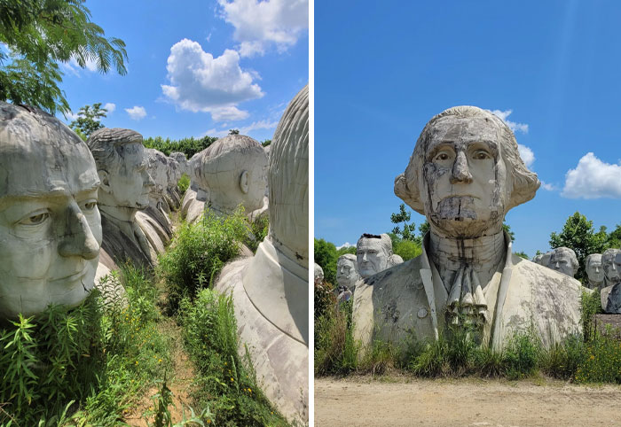 Decaying stone busts overgrown with plants, illustrating nature reclaiming civilization.