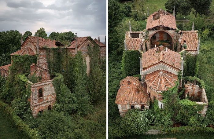 Overgrown vegetation envelops crumbling buildings, showcasing nature reclaiming civilization.