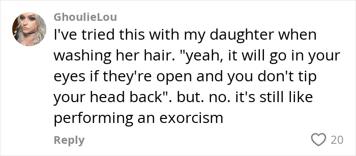 Comment highlights humorous parenting struggles with negative reinforcement in hair washing.
