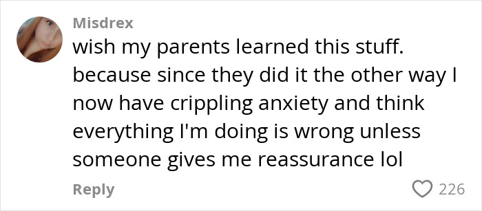 Comment discussing parenting choices and its impact on anxiety, referencing negative reinforcement.