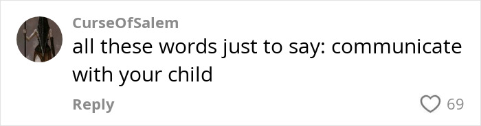 Comment on parenting advice about communication with children, with 69 likes displayed.