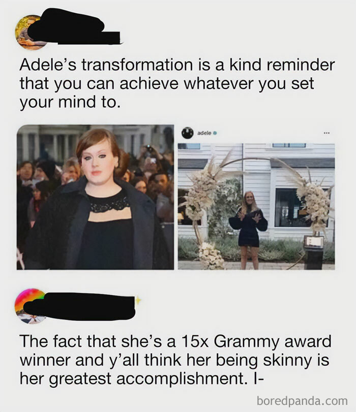 A tweet critiquing a focus on appearance over accomplishments, featuring side-by-side images of a famous singer.