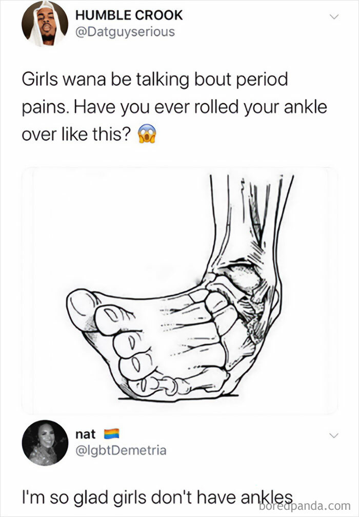 Tweet with clueless misogynist getting shut down over comparing rolled ankle to period pain.