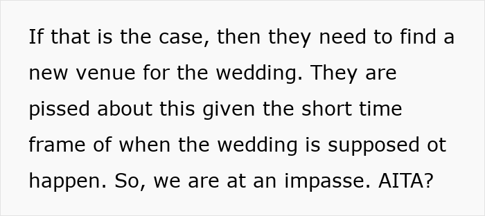 Text about finding a new venue, expressing frustration over wedding timing and decision impasse. Text about finding a new venue, expressing frustration over wedding timing and decision impasse.