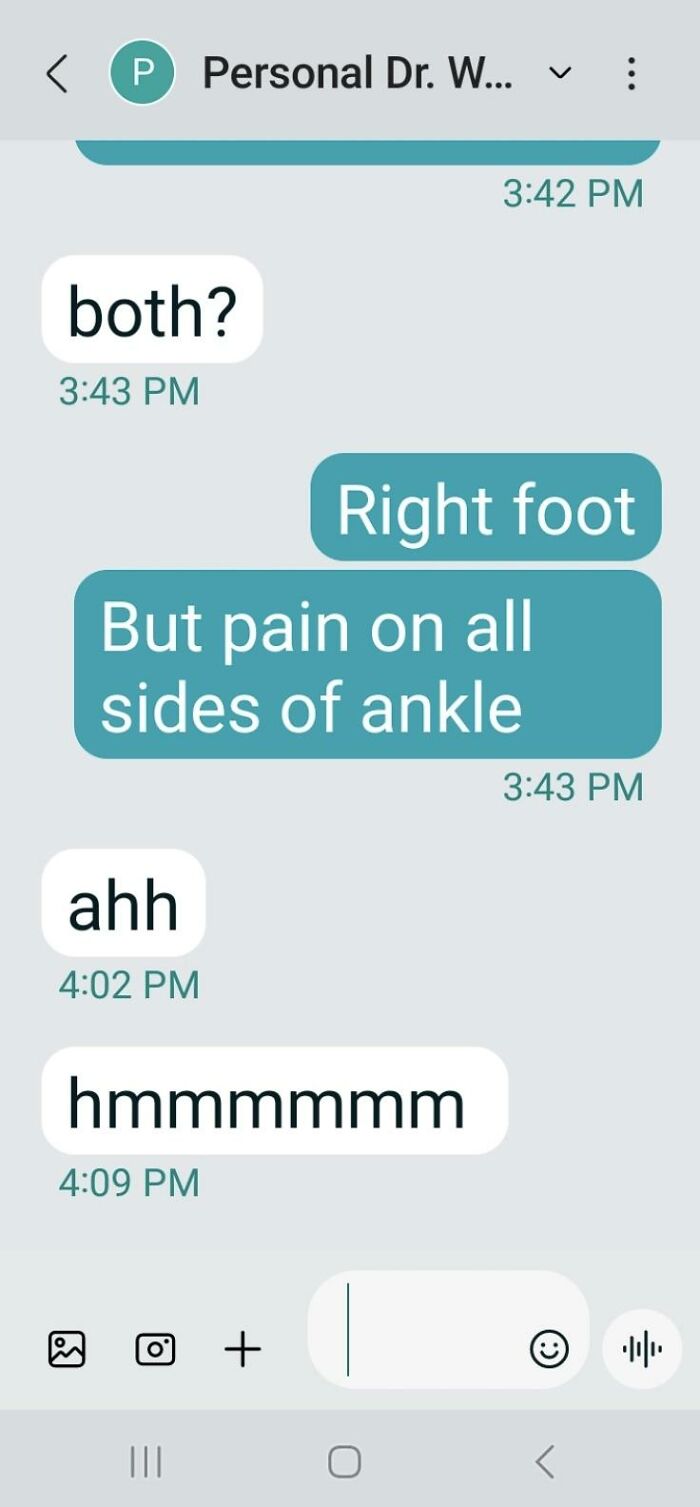 Confusing text conversation about ankle pain with a doctor, showcasing awkward communication.
