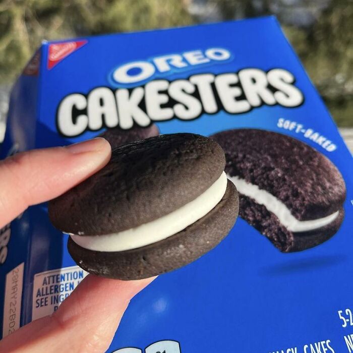 A hand holding an Oreo Cakester, a nostalgic 90s snack, with the package in the background.