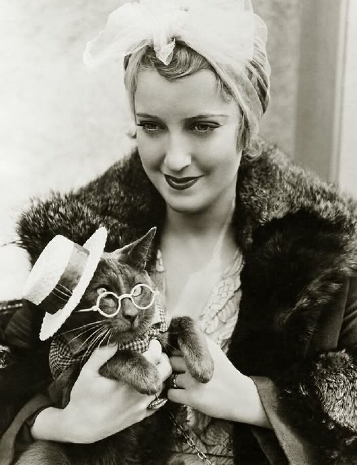 Woman from early 1900s holding a dressed-up cat with glasses and hat, showcasing timeless fashion and humor.