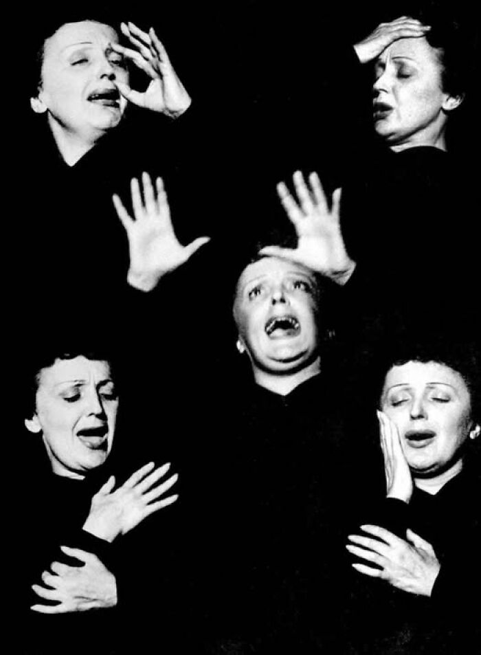 Five black and white images of a woman in various expressive poses, showcasing emotions from a hundred years ago.