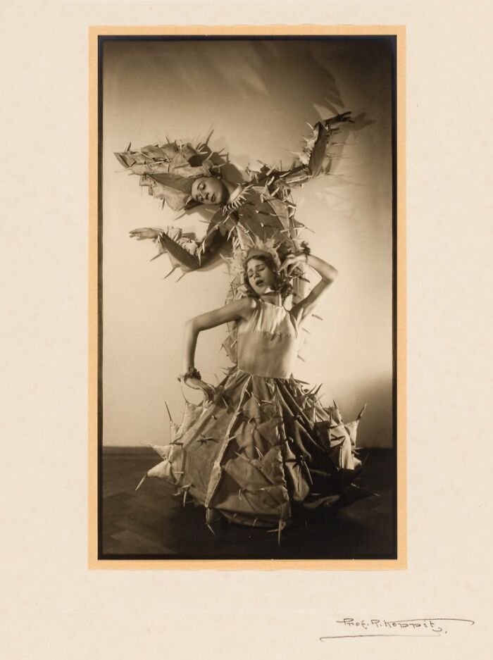 Vintage photo of a woman in a striking, textured costume, evoking history and art over a century old.