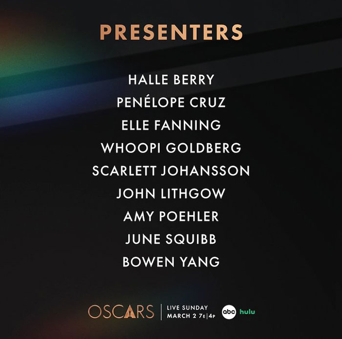 Oscars presenters list featuring Halle Berry, Whoopi Goldberg, Scarlett Johansson, and others. Oscars presenters list featuring Halle Berry, Whoopi Goldberg, Scarlett Johansson, and others.