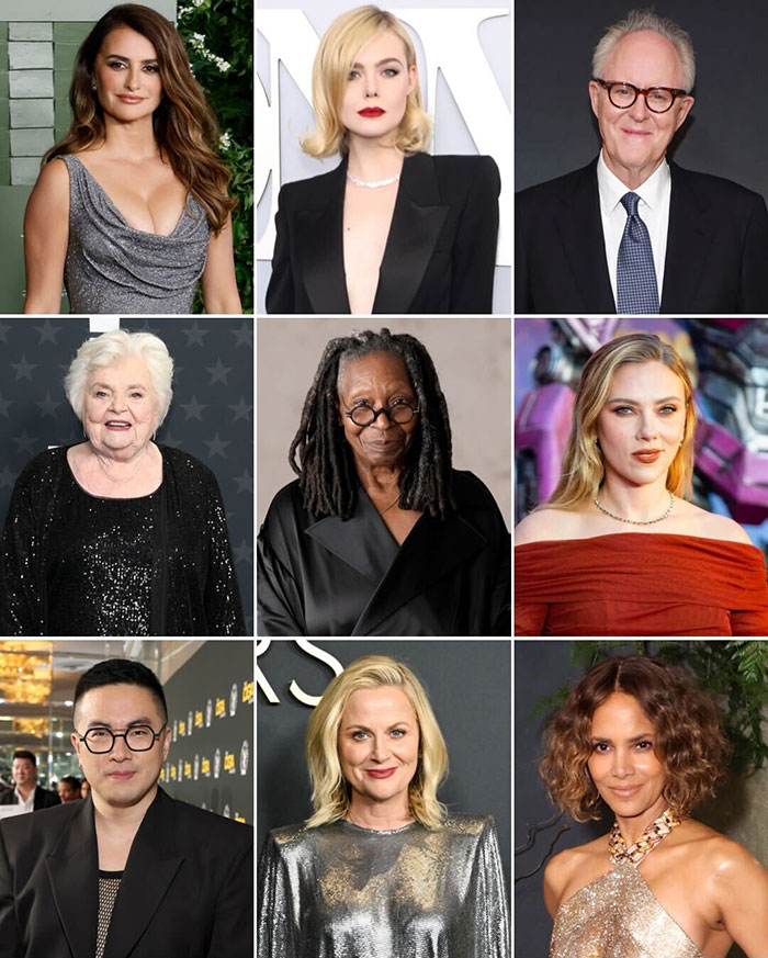 Oscar presenters including Whoopi Goldberg and others in a grid format, dressed glamorously at various events. Oscar presenters including Whoopi Goldberg and others in a grid format, dressed glamorously at various events.