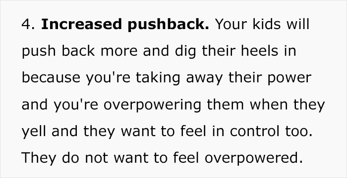 Text excerpt about pushback as a reason from a parenting coach on why parents should stop yelling at their kids.