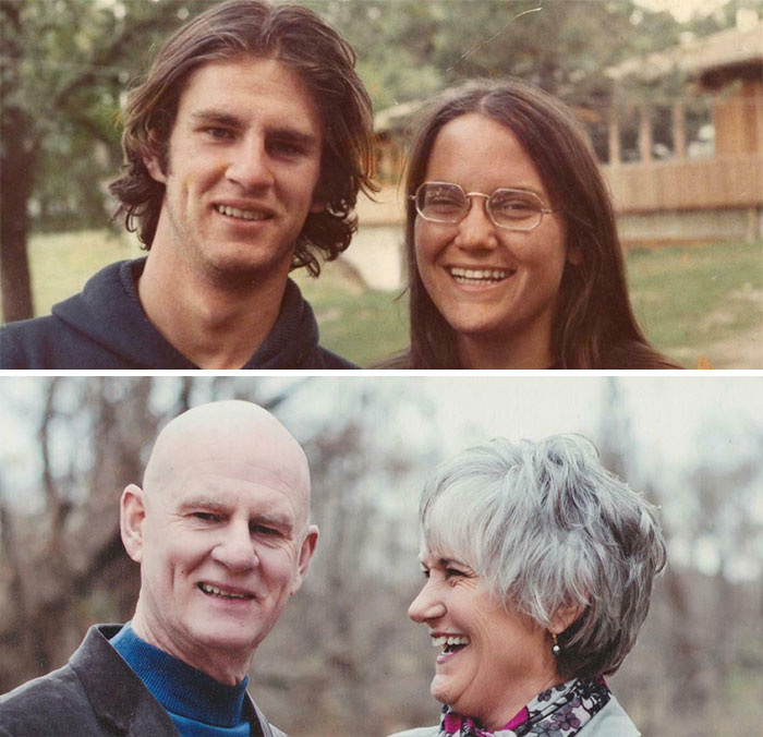 A couple recreates a past photograph, now older, smiling outdoors, showcasing the passage of time.