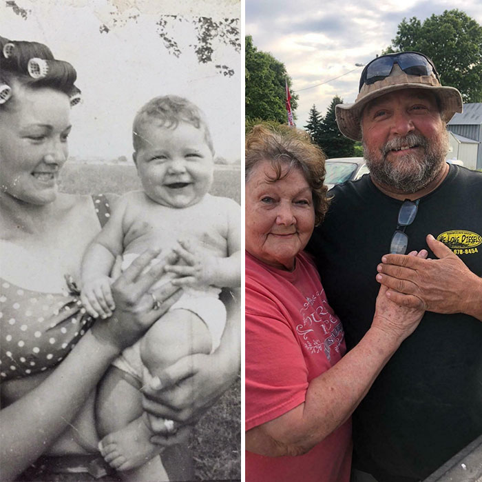 Then and now: A woman holds a baby in a vintage photo; on the right, the same pair recreates the moment as adults.