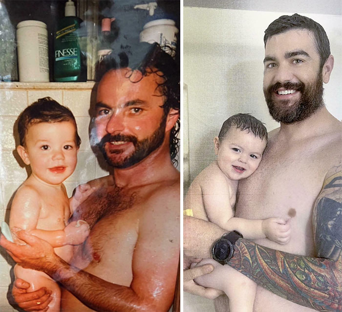 Father and son recreate past photo, both in the shower, highlighting the striking resemblance and joyful expressions.
