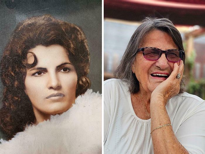Then and now: A woman recreates her vintage portrait, showing youthful and present images side by side.