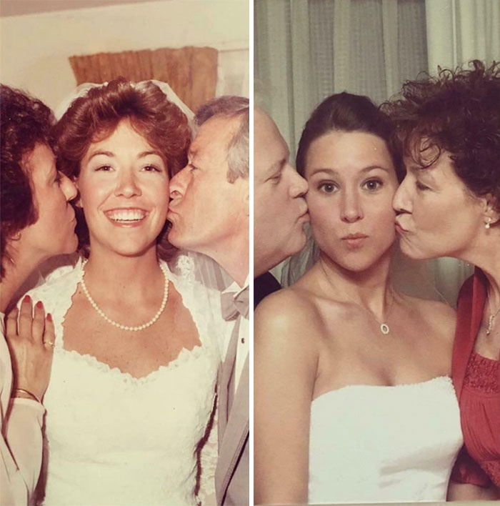 People recreating photographs: Bride kissed by two parents, recreated years later with similar scene, nostalgic comparison.