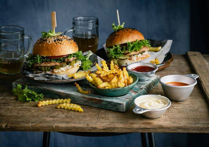 Fast food burgers with fries, sauces, and drinks on a rustic wooden table.