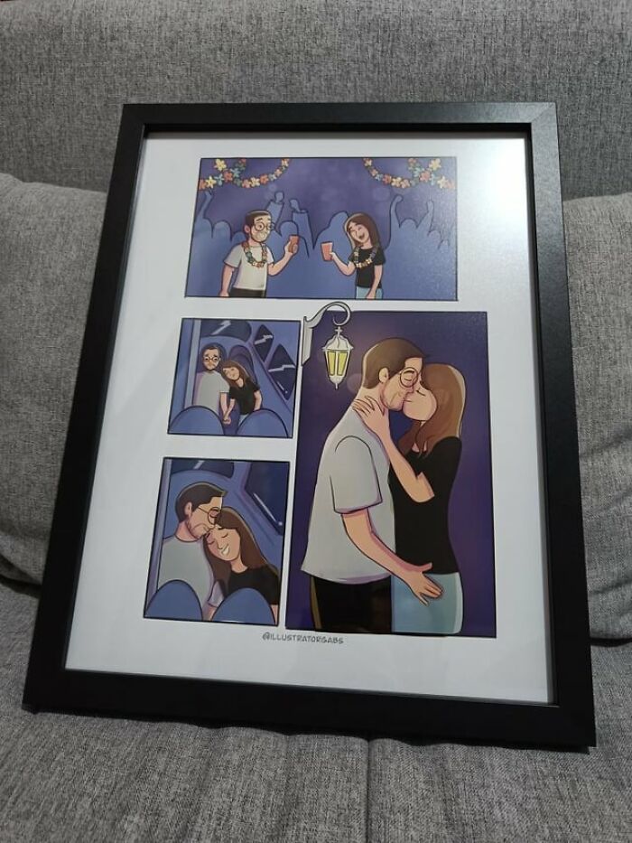 Framed illustration of a couple's romantic moments, perfect simple Valentine's gift idea.