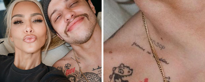 Pete Davidson and Kim Kardashian snapping a selfie and a close-up of tattoos.