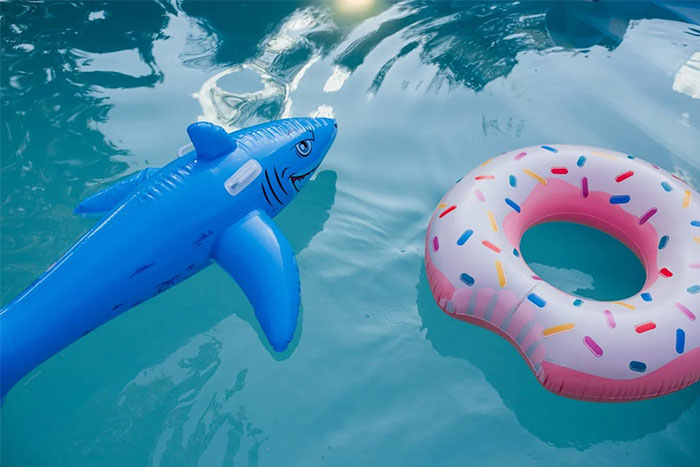 Inflatable blue shark and donut float in a pool, symbolizing petty grudges with playful pool toys.