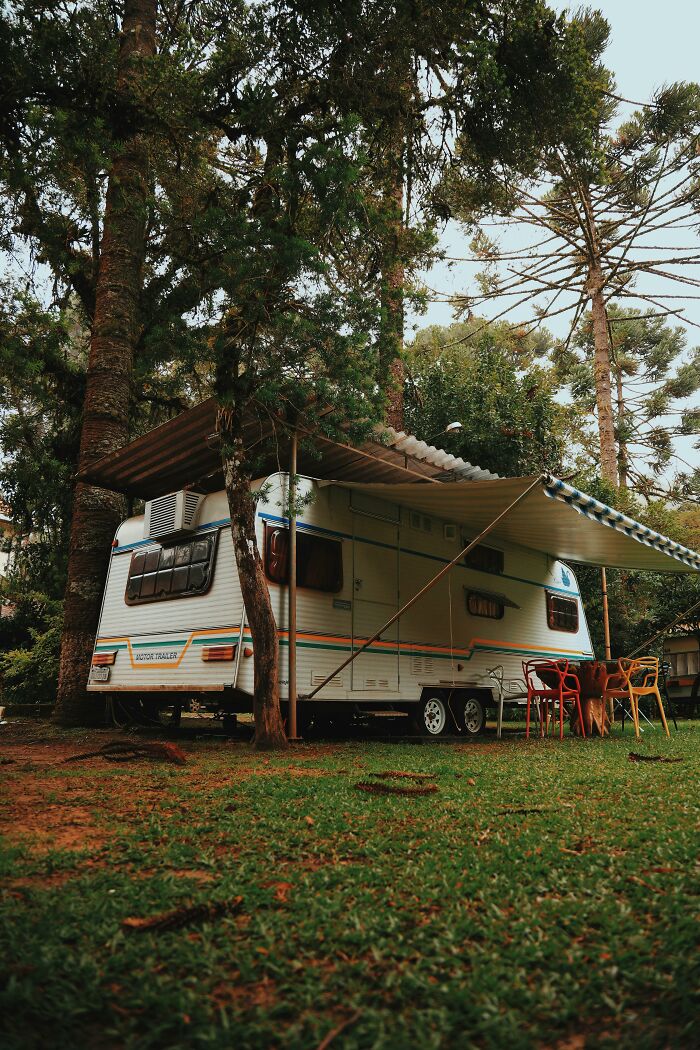 A cozy trailer parked under tall trees, showcasing a life improvement suggestion.
