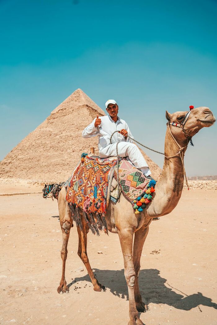 Man on a camel in front of a pyramid, experiencing culture shock.