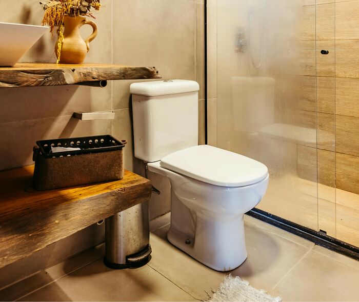 Durable toilet and rustic wooden shelves beautifully designed for longevity in a modern bathroom setting.