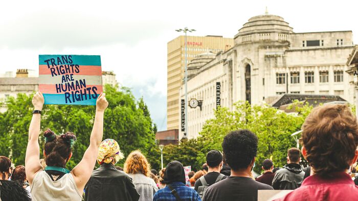 Protesters gathered, one holding a "Trans Rights Are Human Rights" sign, highlighting issues about rumors and social justice.