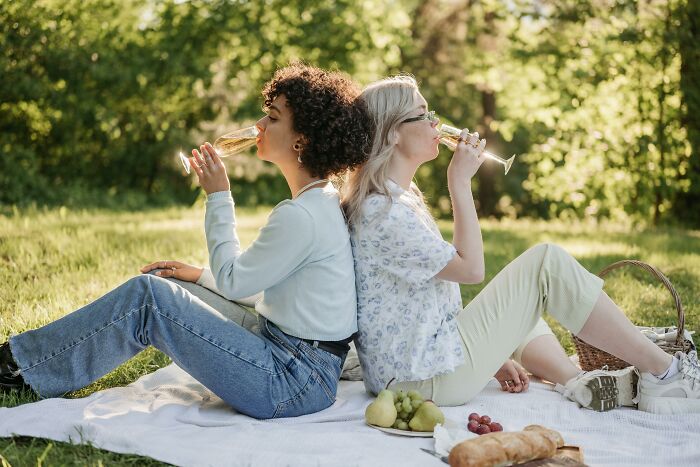 Two women enjoying a picnic outdoors, sitting back-to-back, sipping drinks, representing a smoother, smarter life experience.