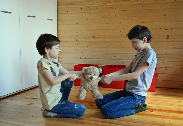 Two boys engaged in a playful argument over a teddy bear, reminiscent of hilarious overheard conversations.