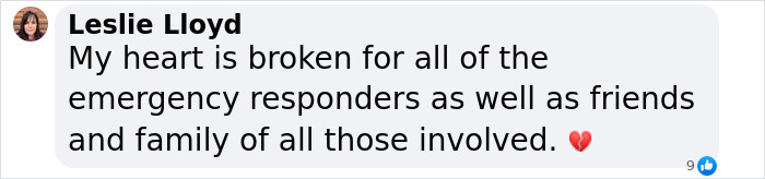 Text comment expressing sympathy for emergency responders, friends, and family of those involved.