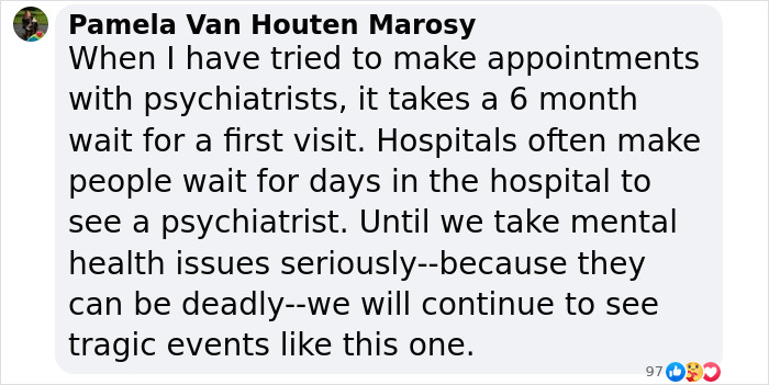 Text discussing mental health challenges and delayed psychiatric appointments stresses urgency in preventing tragic events.