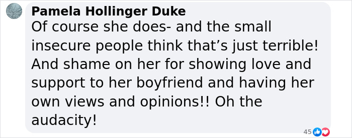 Screenshot of a comment about Taylor Swift showing support and having opinions.
