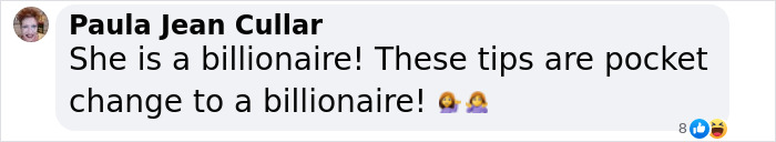 Text comment about tips being pocket change to a billionaire, with two shrugging emojis.